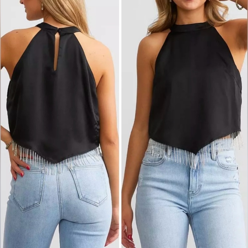 Blue B Collection Rhinestone Fringe Crop tank, Color Black, Size‎ Large